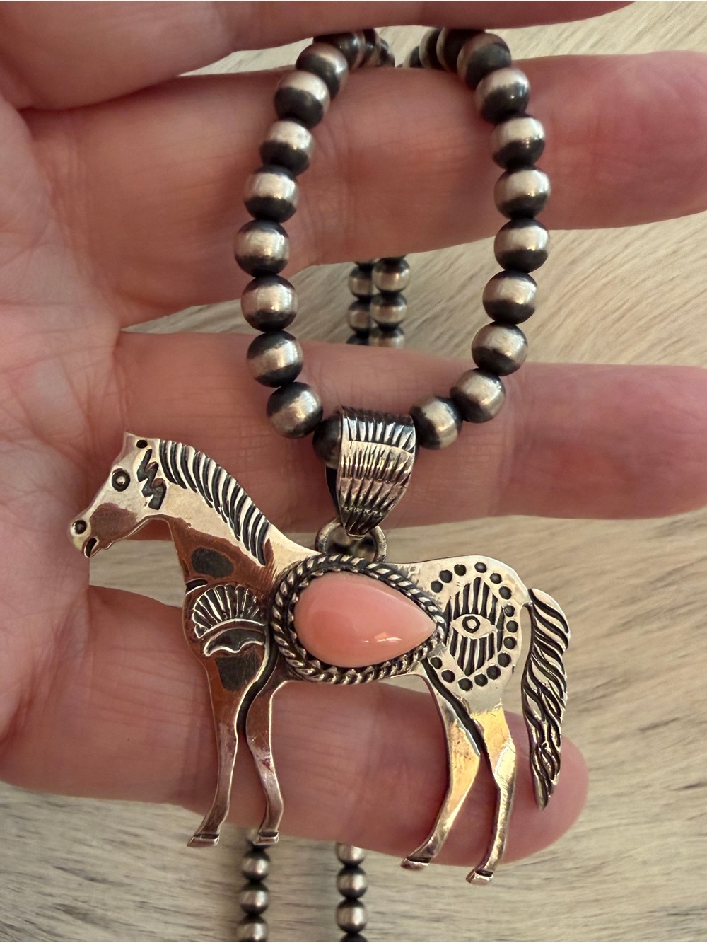 ❤️ Queen Pink Conch Sterling Hand Stamped Statement Horse Unisex Western Pendant